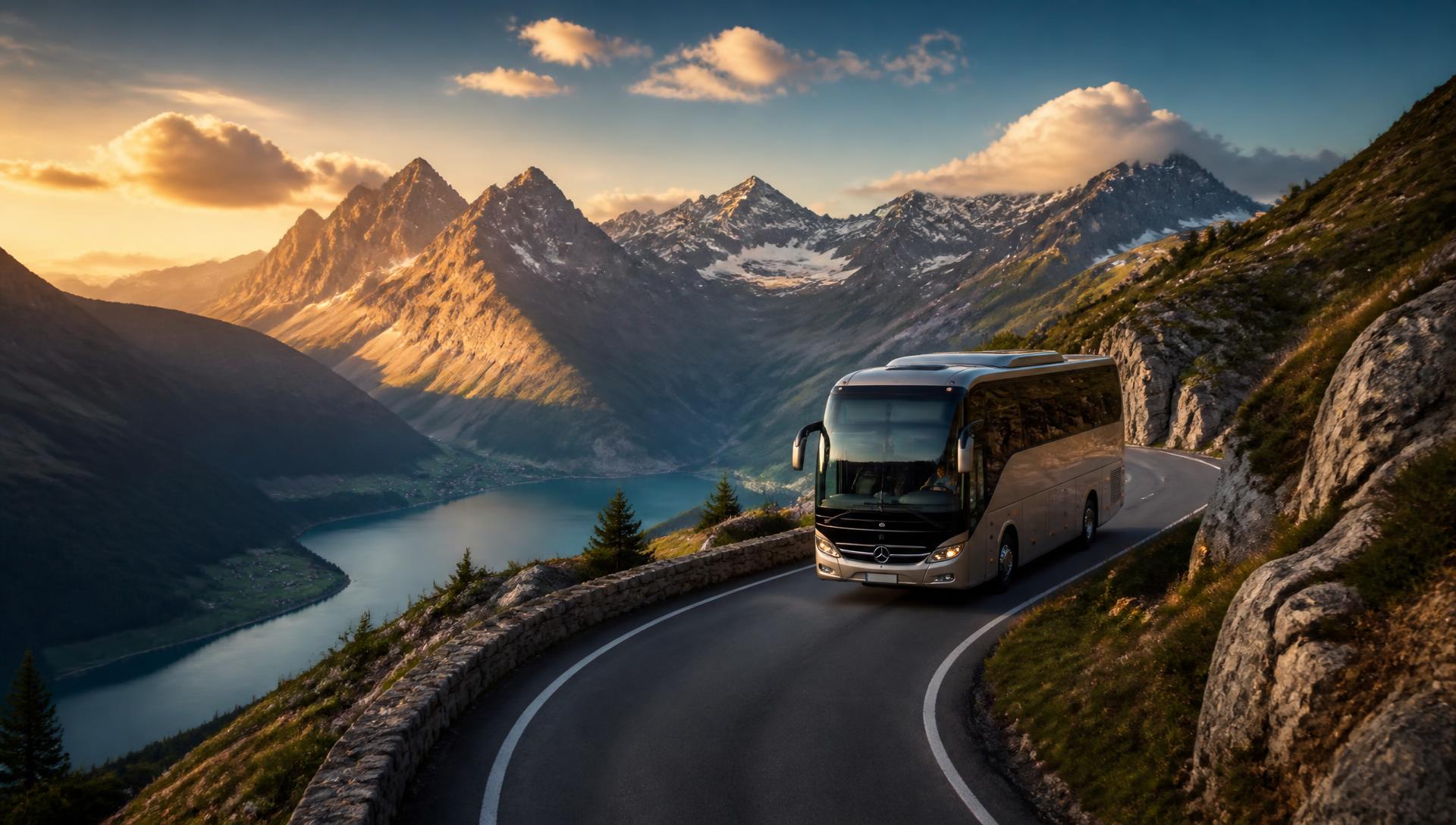 Luxury coach travelling a winding alpine road at golden hour